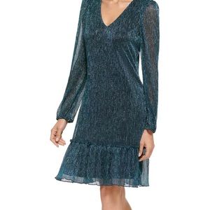 Women's Babydoll Lurex Crinkle Mesh Long Sleeve Dress